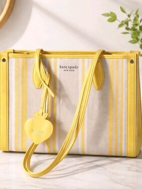 Kate Spade Tote Medium Yellow Heart Charm Striped Spring Zipper Pockets Logo